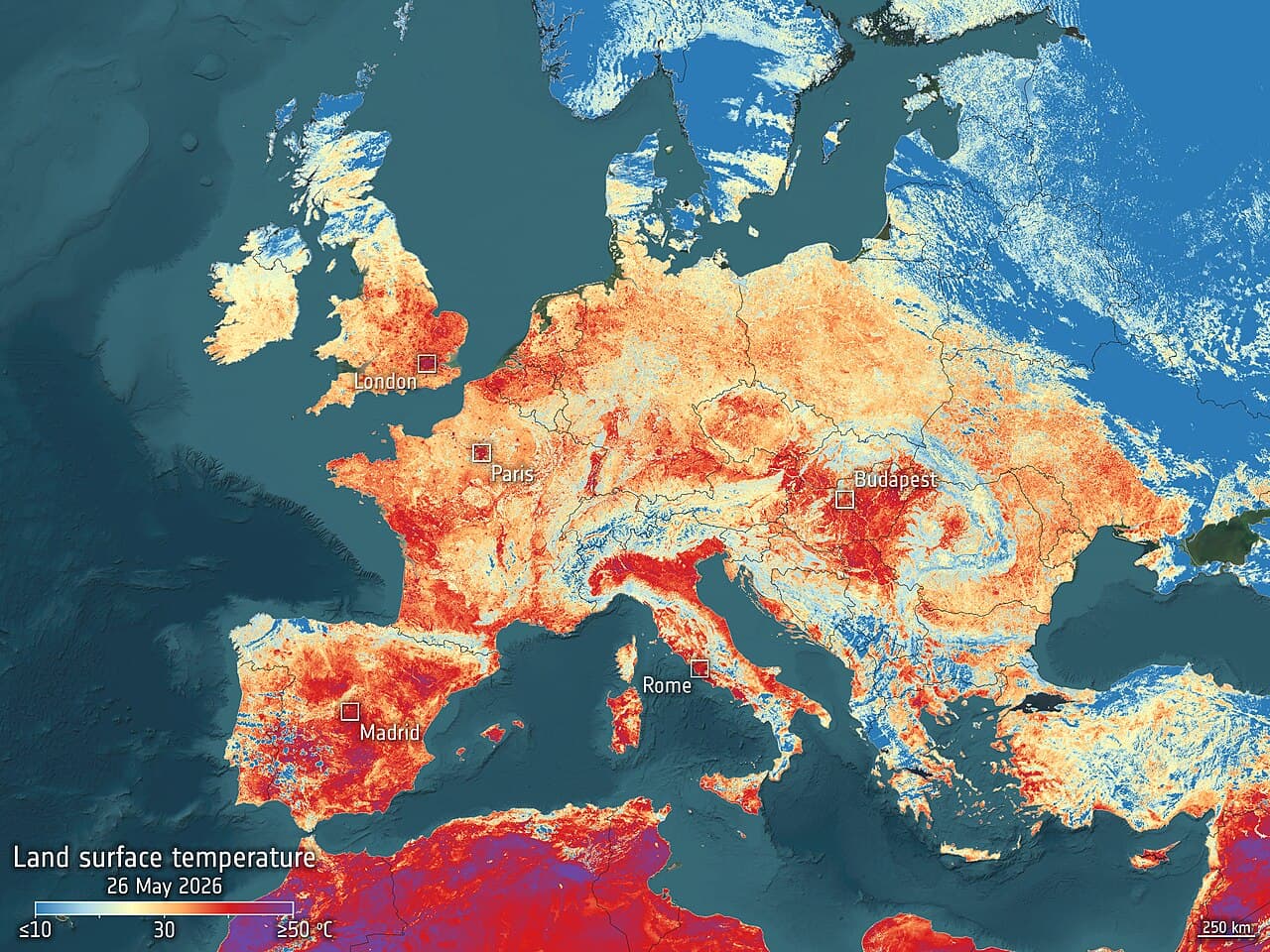 Europa-Hitzewelle, Oberflächentemperaturen aus dem All